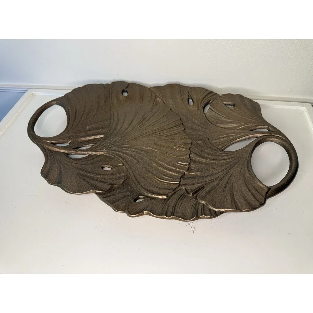Decorative Ginkgo Leaf Serving Tray Bronze Copper Tone Metal Cutout Handles 16”